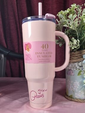 Paris Hilton Pink Insulated Tumbler with Handle and Straw NEW